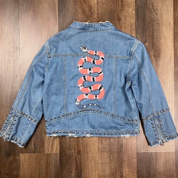 Fernanda Farah Snake Patch Denim Crop Moto Jacket Embroidered Studded Medium - Picture 12 of 14